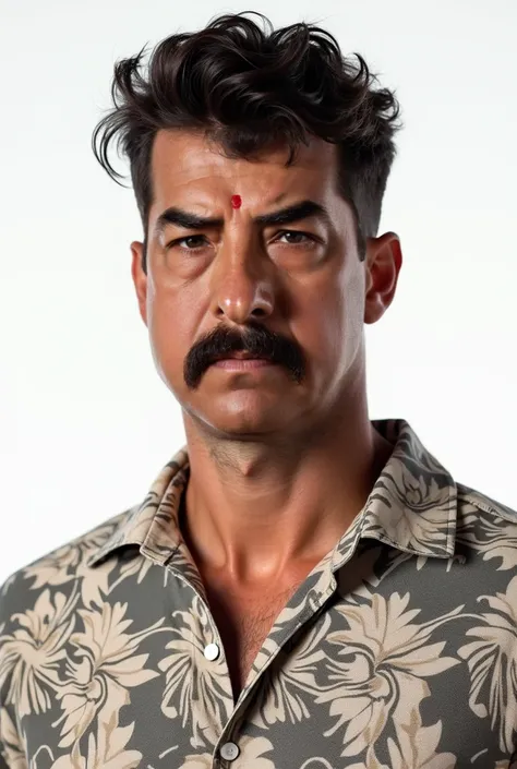 A man with dark hair, short and slightly curly on top, with a forward combed style. He sports a thick, prominent mustache that stands out on his face. 

As for his clothing, he is wearing a light-toned, possibly casual or tropical style patterned shirt, wi...