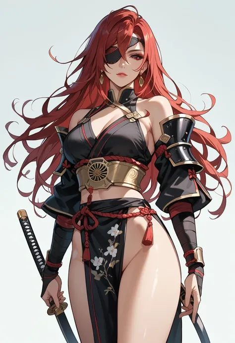 (anime style, standing body) 1 beautiful woman, very long, disheveled and unkempt red hair, a wild-looking fantasy samurai warrior, black samurai armor with gold details all over the body, patch on the right eye, black katana on hands, wild posture


