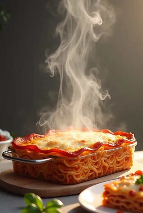 A lasagna from which steam comes out  ,  is next to a lasagna shovel 