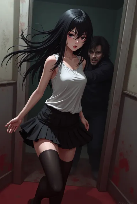  a beautiful Japanese girl with long black hair, attractive thigh ,wearing a low skirt and black stockings, being stabbed from the back by a women from back