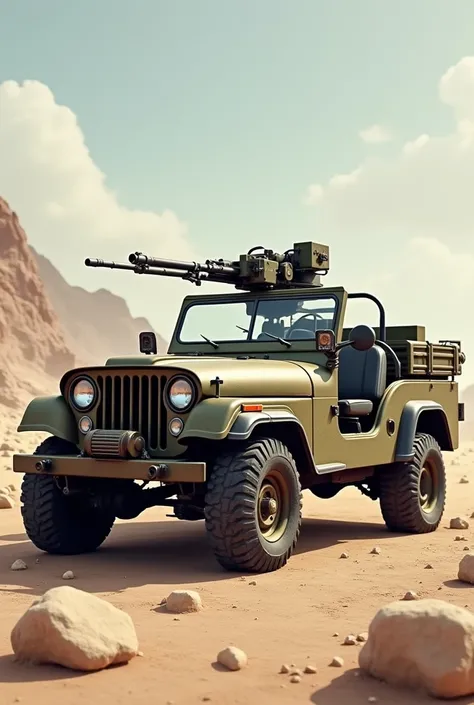 Convertible military jeep with machine gun