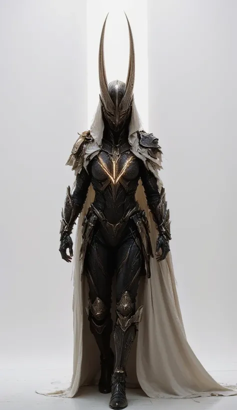 A solitary female figure stands against a stark white background, her form outlined by the subtle glow emanating from her intricate armor. The helmet she wears is a fusion of alien and tokusatsu design, with horns protruding boldly, adding to her formidabl...