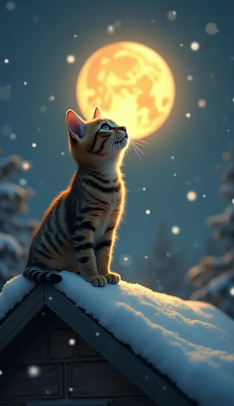 Mysterious　Brown striped kitten looking up at the golden moon on the roof of a house with snow falling and heavy snowfall