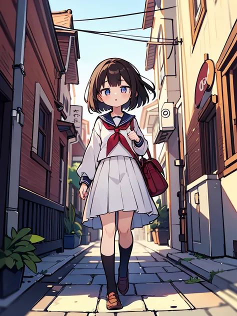 (masterpiece, best quality), 1girl, solo, outdoors , parted lips, black hair, bob cut, serafuku, brown hair, depth of field , standard height, bag, walking, (look down)