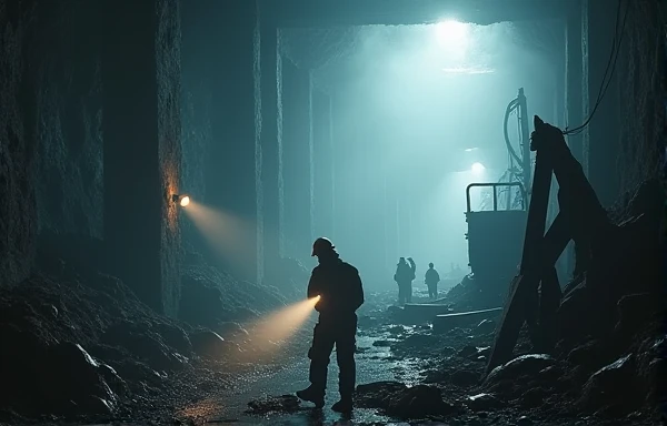 A depiction of a coal mine explosion aftermath. The scene shows a smoky, debris-filled underground corridor with collapsed wooden beams and broken mining carts. A rescuer in safety gear is shining a flashlight through the rubble, while distant silhouettes ...