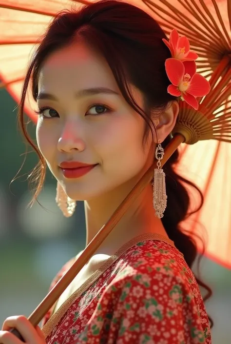 Overlapping image of a Lao woman, wearing beautiful Lao dress in the northern style, holding an umbrella, orchids on her ear, beautiful face, warm color tones, with Wat Phra That Luang Vientiane shown in her shadow.