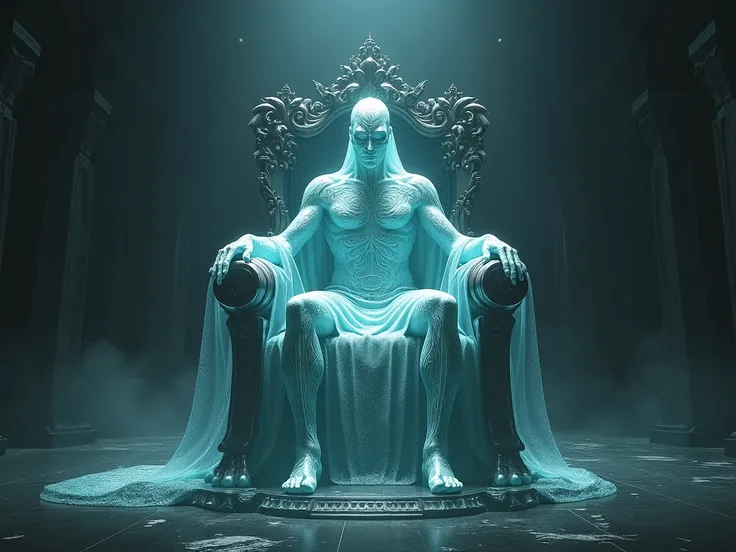 Create glass king sitting on his throne. His body is made from glass. Looks terrifying