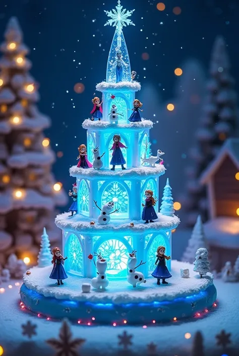 (8k, Highest quality, masterpiece), Christmas decorations, battery operated round decoration cake shaped toy, rotating toys, toys with ice dancing dolls, toys that imitate a Christmas town ,(,A rotating cylinder-shaped toy, A frozen lake, Characters from t...