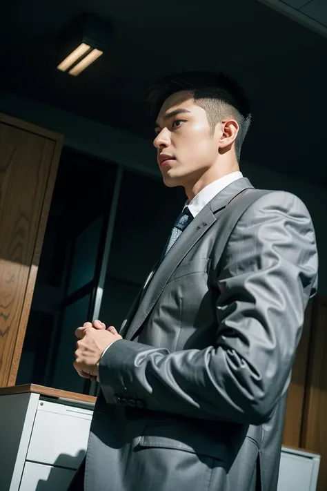 handsome male,solo,muscle,suit,feather coat,dutch angle,low angle,empty Office, Police
