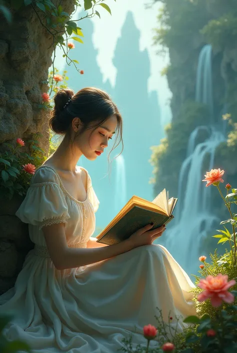 Ragazza sognatrice che legge libro damore, mondo fantasy, realistic