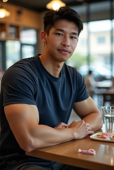 Real picture, natural light , ((realistic daylight)) , Korean Man Wearing Navy Sports Short Sleeve Round Neck T-Shirt,  handsome,Big arm muscles,  tight breasts ,  Muscle Bundle ,Very short hair. , sly smile, Looks like a Pumpkin Boy , , 23 years old , Fro...