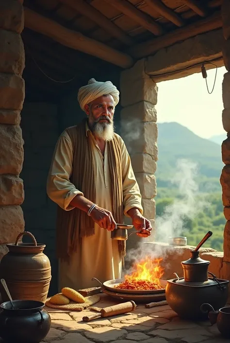 A pakistani village farmer wearing white skullcap cooking food in his hut