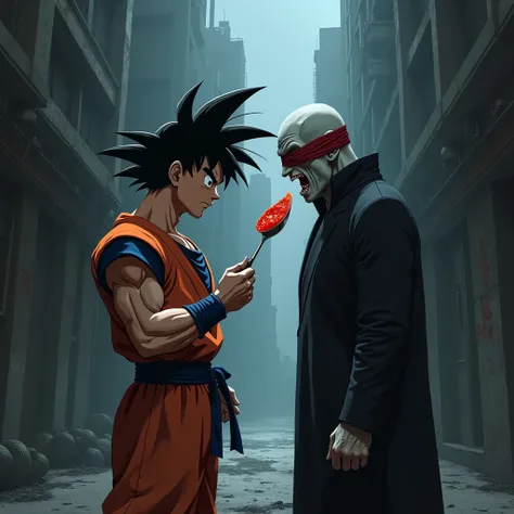 Draw Goku feeding tomato sauce in the mouth to the blindfolded vampire, in a dark city