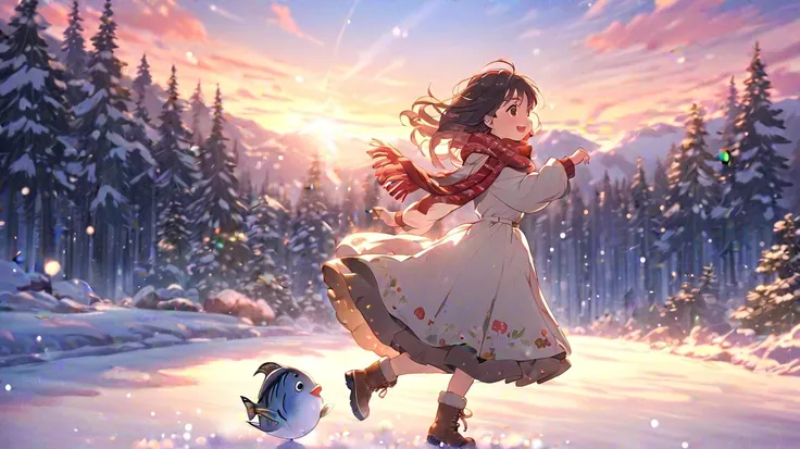 (masterpiece,  top quality ),  extremely detailed CG unity 8k wallpaper that clearly depicts eyes,masterpiece， top quality ， high image quality，( super flat,  flat shading )， dancing ，Beautiful Petite Woman :1.25， warm scarf ， snowの上でダンスする， long hair,  boo...