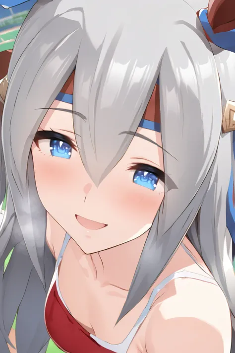 NSFW,masterpiece, top quality , High Definition , very detailed, tamamocross (Uma Musume)、Horse&#39;s ears、 ear covers、 horse tail、Gray Hair、 long hair、 hair bow、 hair between eyes、 blue eyes、 hair ornament、 headband,Track and field club,smile,blush,Heavy ...