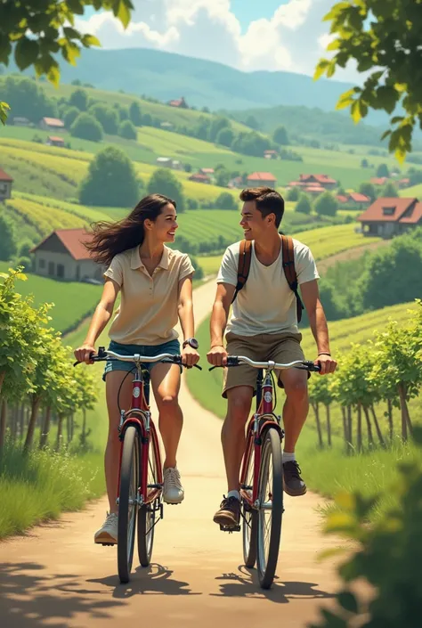 A college girl and boy going on cycle in village agriculture land 