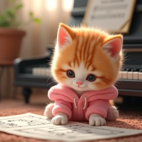  a cute orange and white kitten、 is wearing a pink fluffy suit 、While looking at the sheet music、 is playing a black piano 、The song has a gentle tone 、 the kitten has a gentle expression 