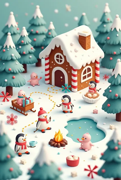 Create a cozy and whimsical isometric illustration of a pastel-colored winter wonderland village. Include a small gingerbread-style house with icing-like rooftops and candy cane pillars, surrounded by snow-covered pine trees. Add a group of small animals, ...