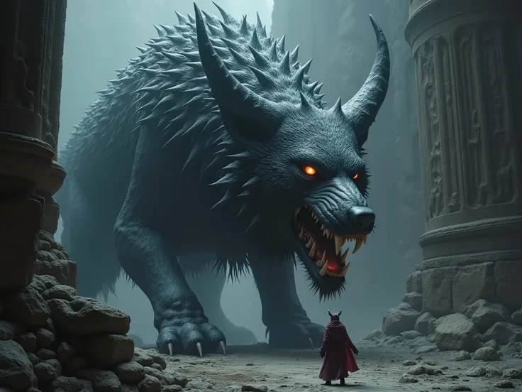 Close-up of obe of the Fleetfangs—deadly wolf-like beasts of immense sizebeast statues, its many eyes seemingly shifting to follow  ((Yağız Kuzey 1.5)).The colossal statues of eldritch beasts flank the entrance, their stone gazes unnervingly alive 