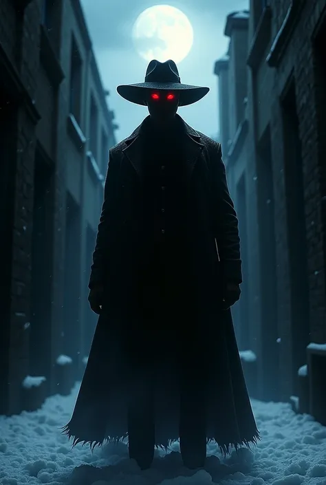 a man, only his silhouette ,  darker than the night itself,  with wide-brimmed hat , Ojos rojos, dark alley, Snow , moonlight.