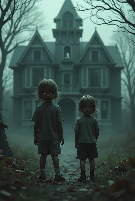  A young girl and a young boy stand in front of the main door of the scary mansion with distorted faces, with crooked smiles ,  and bright black eyes , 
