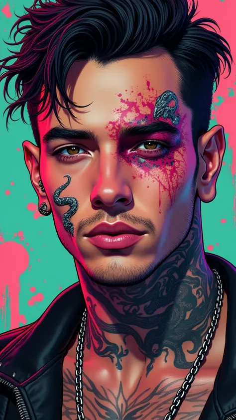 punk style,  musical album cover ,  bright colors ,  contrast , Acid colors,  guy with bruises under the goaz, earring in left ear,  has a chain with a lock on his neck , Grin, covers ,  right eye like a snake , narrow pupil, Pointed ears, render, beautifu...