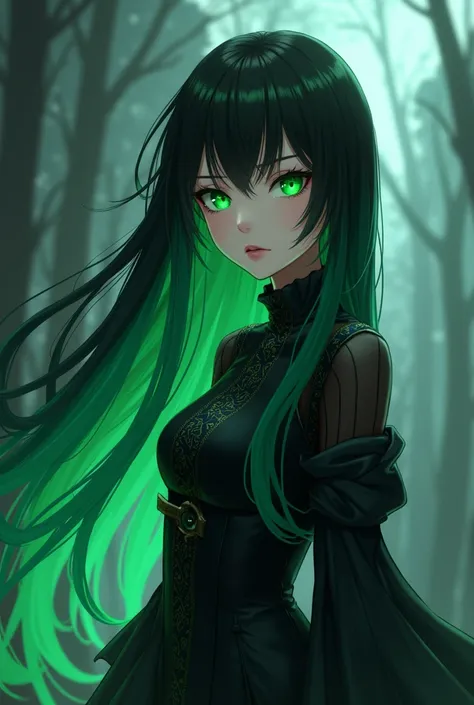  woman , long hair, outside black hair,inside green hair , green eyes ,anime, dark clothes 