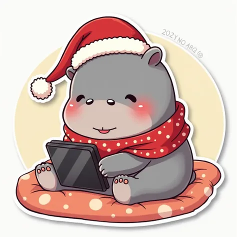 Cute cartoon japanese kawaii grey pygmy hippo, Sticker style, smile face, wear red santa hat, wear Christmas scarf, sleep on bed, hold tablet light background, look like pygmy hippo moo deng