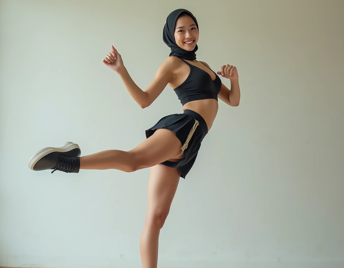 hijab, skirt, long legs, full body in the frame, crop top with no sleeves, cheerleader outfit, asian, cleavage, kicking left leg up showing her black panty