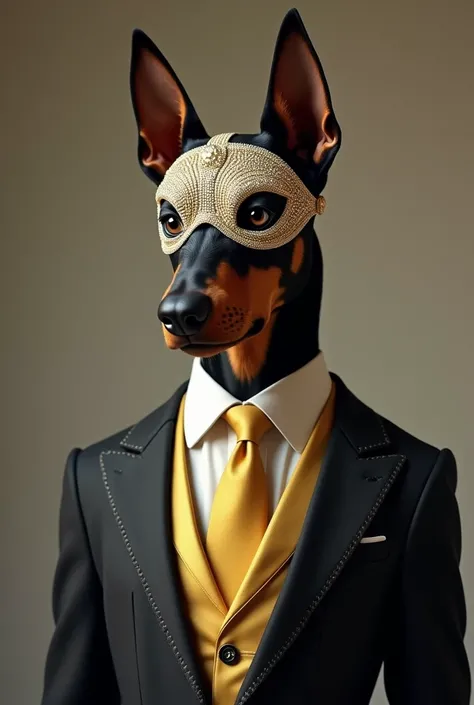 Dobermann en costume cravate doré avec un masque en diamant recouvrant toute la tête 