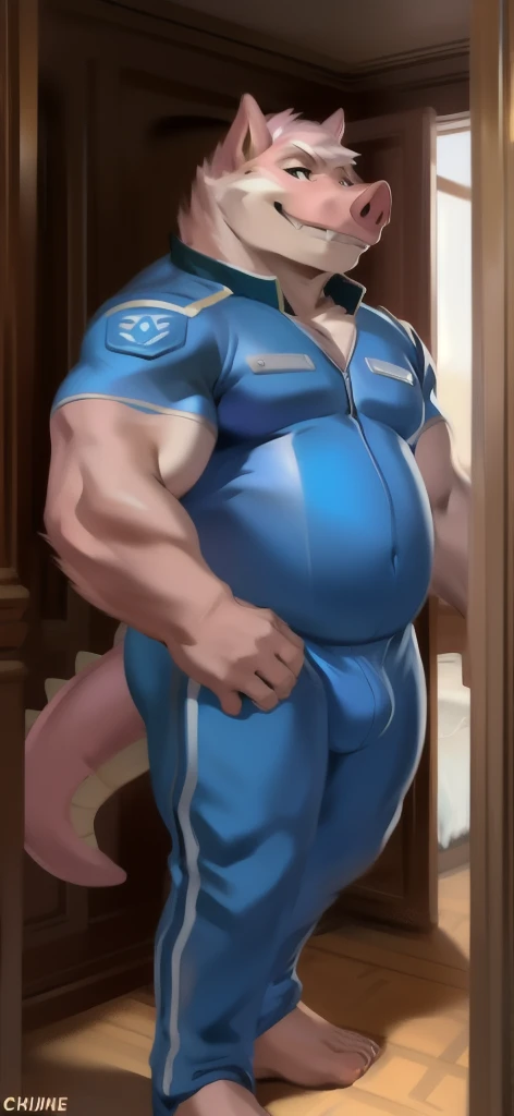   alone  , Male tall  , stand, The private room was completely dark.,Pig Crocodile Ice Pink,  Blue Military Spacesuit,   Overweight  ,   muscle bundle, Smirk, by chunie  