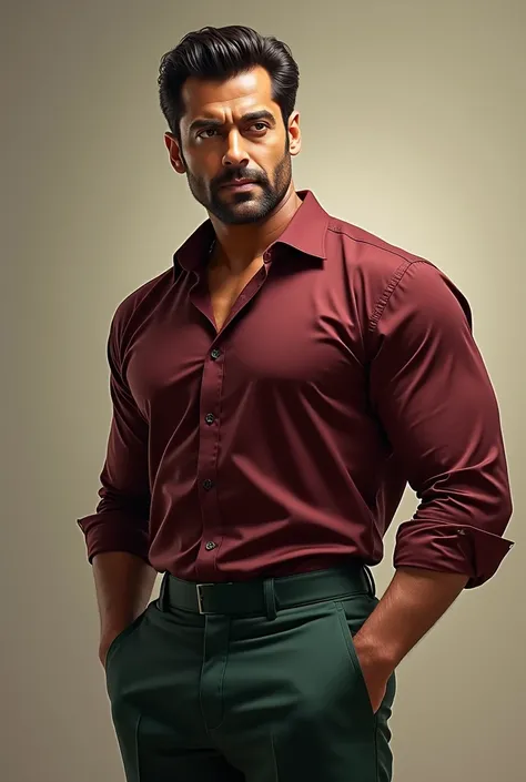 Image of salman khan in maroon shirt with bottle green pant