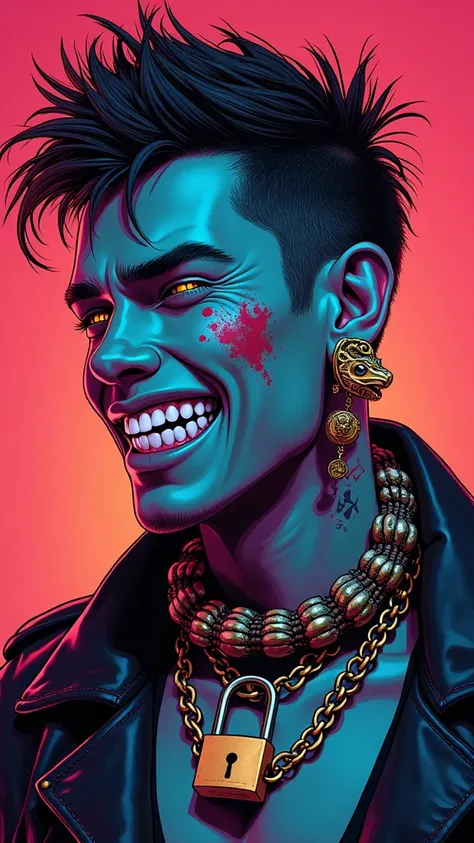 punk style,  musical album cover ,  bright colors ,  contrast , Acid colors,  guy with bruises under the goaz, earring in left ear,  has a chain with a lock on his neck , Grin, covers ,  right eye like a snake , narrow pupil, Pointed ears, render, beautifu...