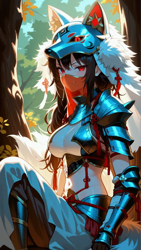 (masterpiece, best quality),  intricate details,, 1girl, Cat helmet, Red eyes, Japanese armor, Wolf tail, fang, smirk, look at viewer, Veil covering hair, sitting on tree Large breasts, Mouth Veil, 