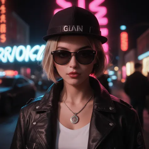 Enlarged face, alternative girl, watching through black sunglasses, jacket, necklace, neon light reflections on the skin, shaving, makeup, skin blemishes, short hair, small hat, neon lights background, poor lighting, depth of field, detailed in high detail...