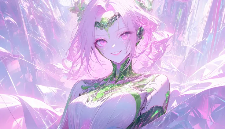 solo female, medium shot, pink hair, pink eyes, artificial intelligence shaped after the green goddess Aphrodite, cyberpunk, futuristic, eager smile, elegant simplicity, cyber space, white and silver and pink theme, romantic, mature beauty