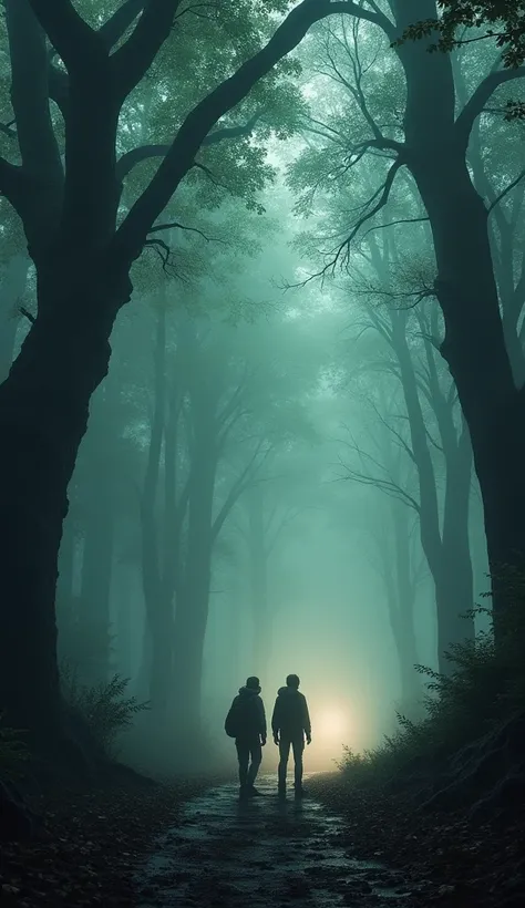 "A misty forest entrance with gnarled, ancient trees arching ominously toward the path. The fog is thick, and the ground is covered with wet, fallen leaves. Two hikers stand at the entrance, one clutching a flashlight while the other hesitates, their faces...