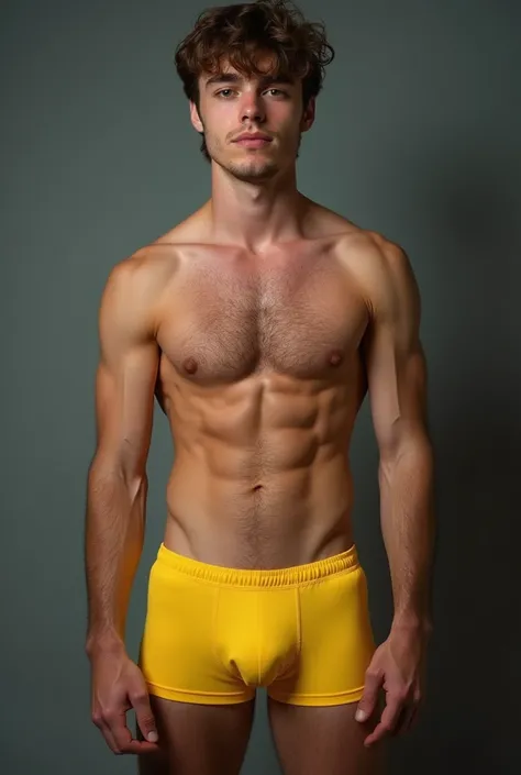 Teenage boy 18+ with muscles, abs, biceps, in his yellow boxers, large visible penis inside his underwear, very big testicles inside his boxers, hairy, sweaty, i need a bigger penis, more larger penis