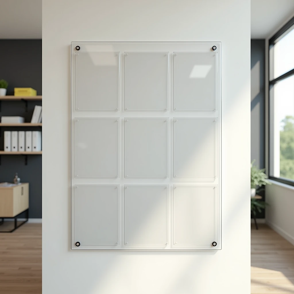 A photorealistic image of a bulletin board with acrylic glass pockets. The board features 10 transparent pockets, neatly arranged in two rows of five each. The bulletin board is mounted on a smooth wall in a modern office setting, with soft natural lightin...