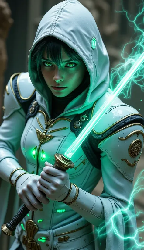 A white-hooded templar with glowing green eyes, holding an energy sword and wearing futuristic armor with intricate details and symbols. The background is dark and blurred to emphasize the character. The style is cinematic, with high-contrast lighting high...