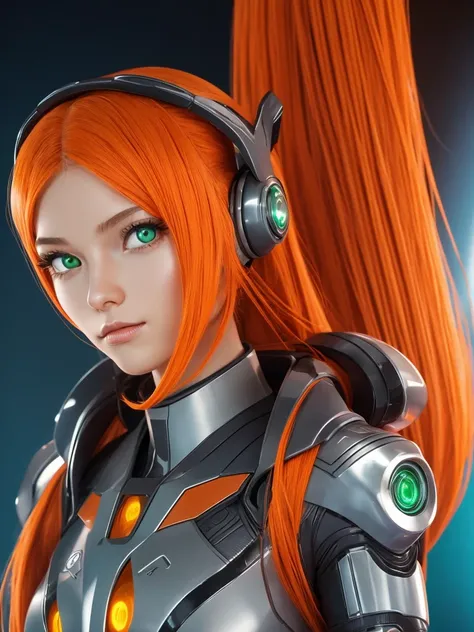 Cute alien-woman in her twenties. Her hair are long orange-cables. Shes part AI-android. She has 5 green eyes. Grey-ish skin. 