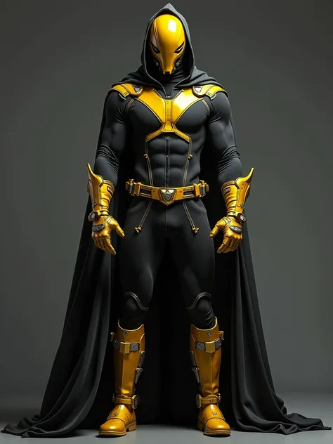 high quality, 8K Ultra HD,  (( 21 year old tall man )) , (( he wear skin tight black spandex costume complemented by gold colour boots, gold colour handglove,black hoodie , long flowing gold cape,  A gold 10 in 1 tactical belt that encircles his waist and ...