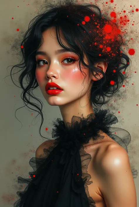  unrealistically beautiful girl scattered into pixels, Dismantling,  rough decoration ,  beautiful intricate makeup ,  split lips ,  charming appearance , Fashionable styling,  exquisite ink painting , anthracite black , wine, Kaneko, Khaki, ocher,  detail...