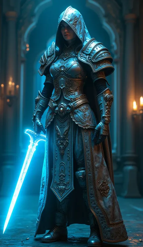 Hyper realistic full body photo of a female hooded templar knight holding a blue glowing sword by the handle, Cyber Templar