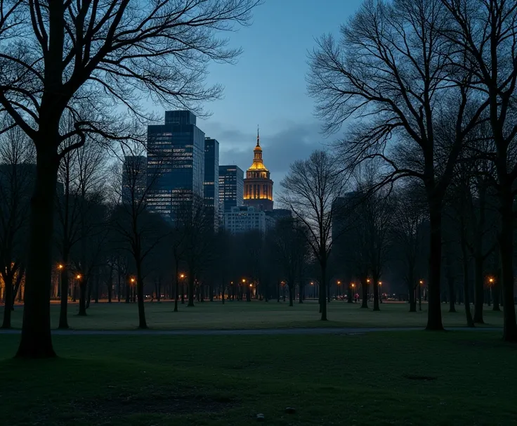 a park with lots of trees at dusk with buildings in the background and the sky a little dark
realistic, no people