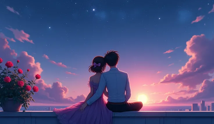 A serene evening scene with a couple sitting close together on a rooftop, nature beautiful secanes . The sky is painted with hues of purple and blue, stars beginning to twinkle, symbolizing their deep connection and shared dreams. , detailed , realistic , ...