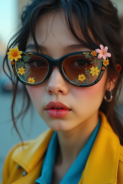 The woman is wearing glass sunglasses with flowers decorating. Yellow blue leather jacket with words "BET", realistic, macro shot, photorealistic, extremely 