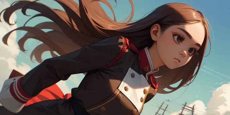 25-year-old female, Japanese, dark brown semi-long hair, brown eyebrows, low eyebrows, long eyelashes, brown eyeshadow, reddish brown eyes, quarter-open eyes, straight nose, sharp chin, receptionist uniform, jumping into sky, low angle, anime.