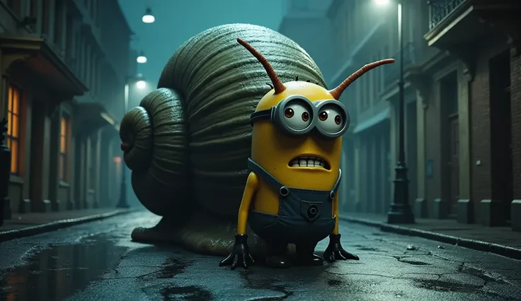 A gaint creepy snail monster having head of yellow minion having two eyes at creepy night street realistic