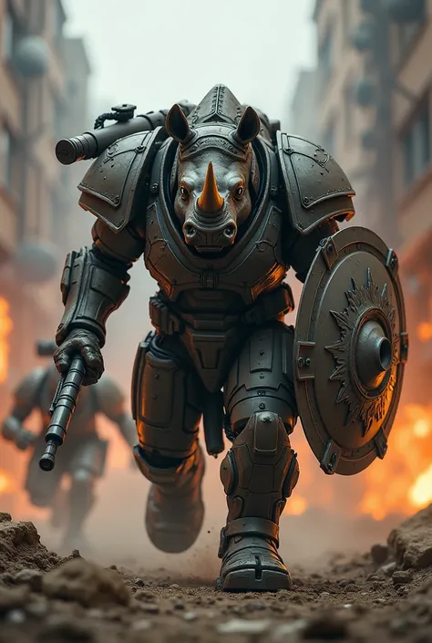 A humanoid rhino in reinforced heavy armor with glowing tech lines, wielding a shoulder-mounted rocket launcher and a massive spiked shield. The figure charges through enemy lines.
Background: A rugged urban warzone with crumbling buildings and raging fire...